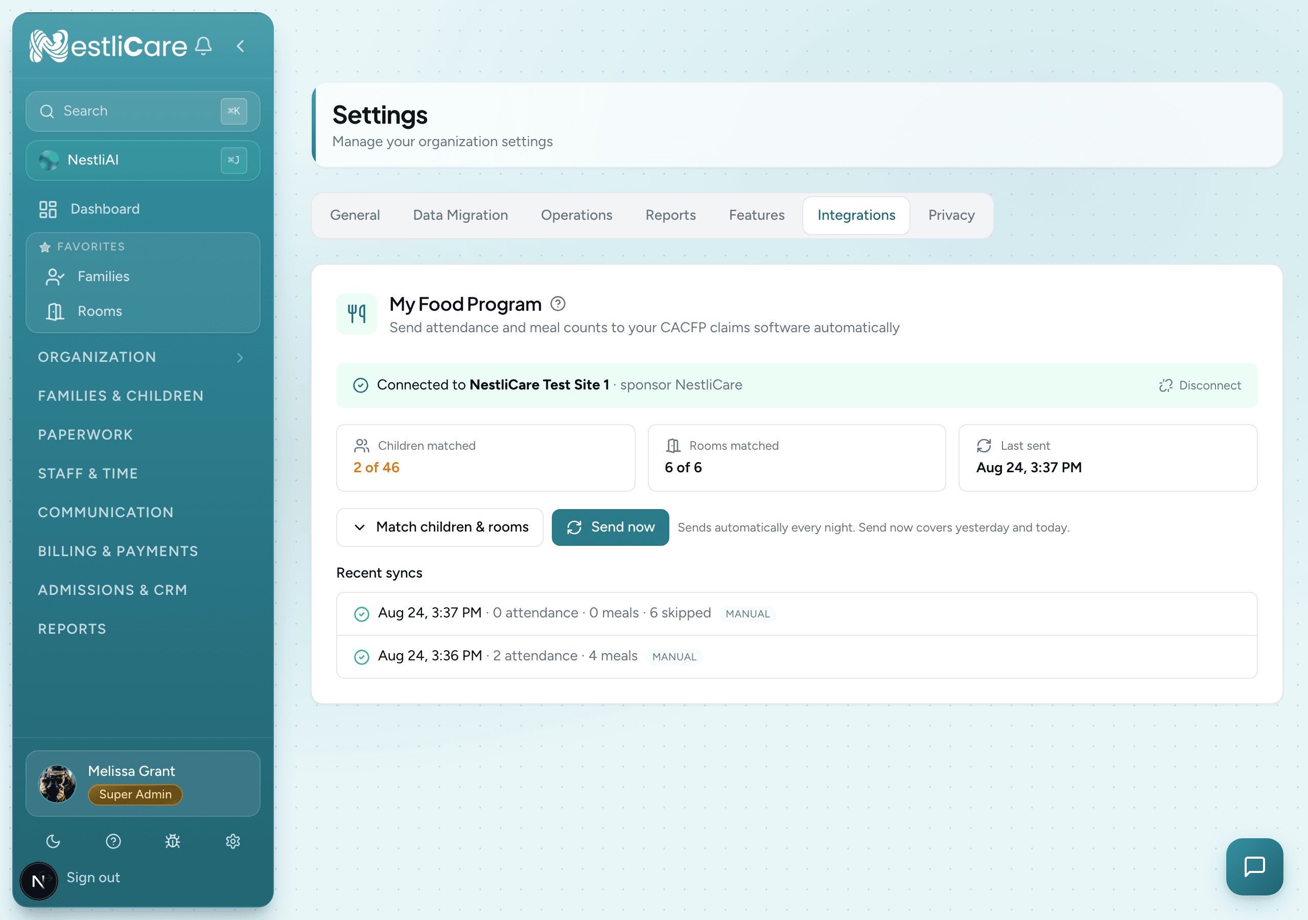 The My Food Program connection card in NestliCare, showing matched children, rooms, and recent syncs