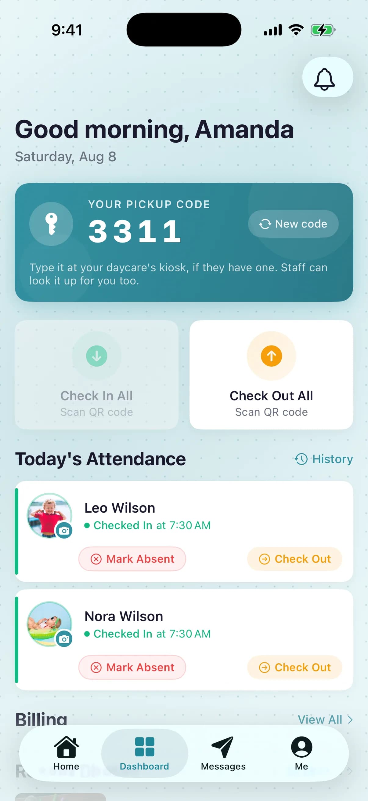 Parent dashboard in the NestliCare daycare app with attendance, billing, and events
