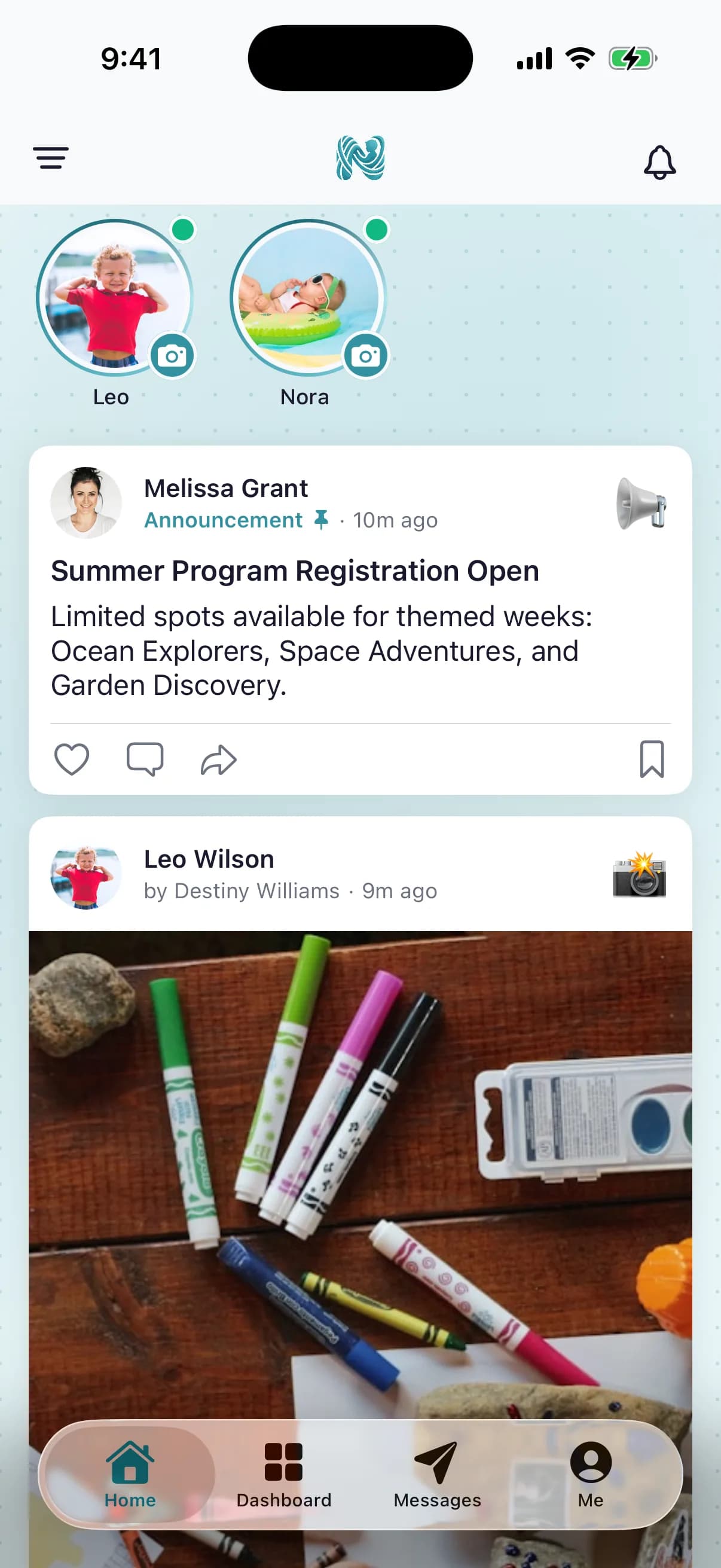 Parent view of the NestliCare daycare app: activity feed with photos and announcements