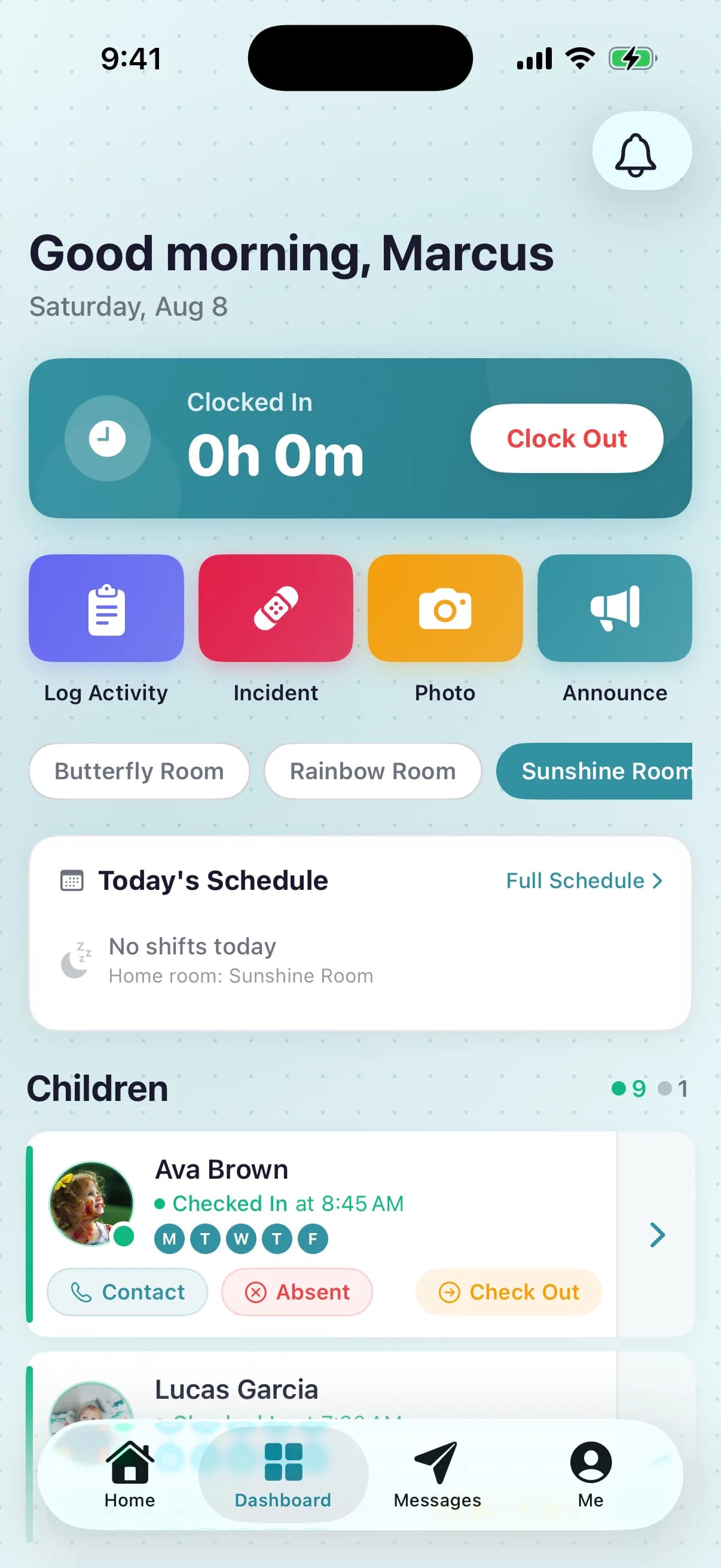 Teacher dashboard in the NestliCare daycare app with clock-in, schedule, and children