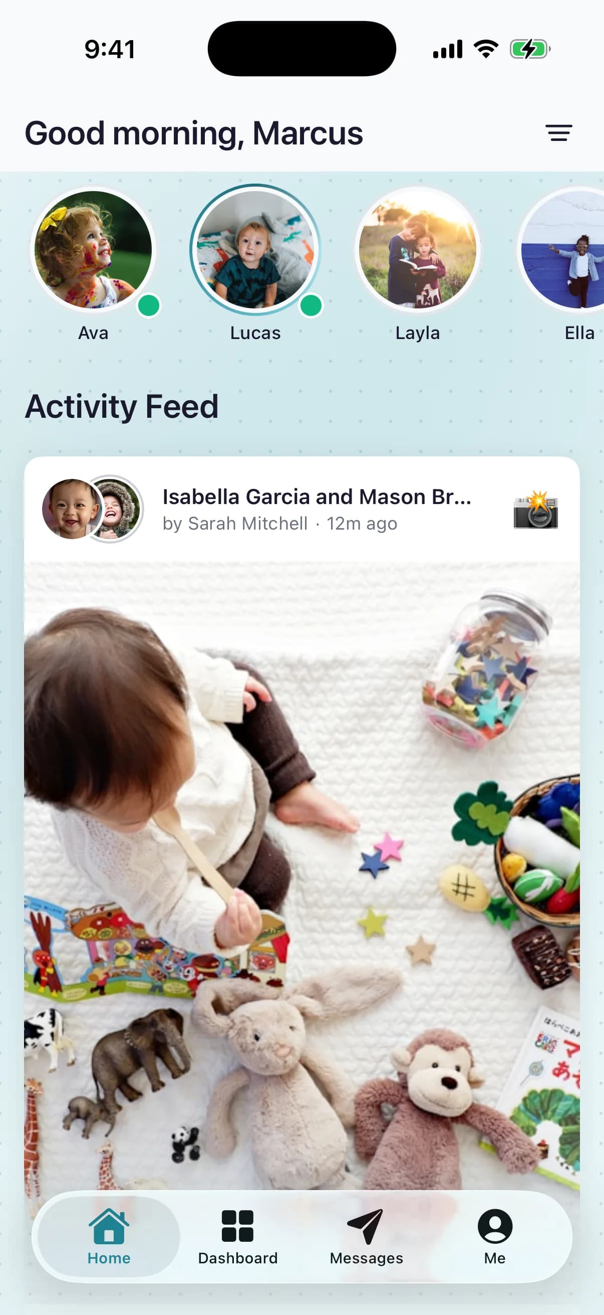 Teacher view of the NestliCare daycare app: room activity feed with photos