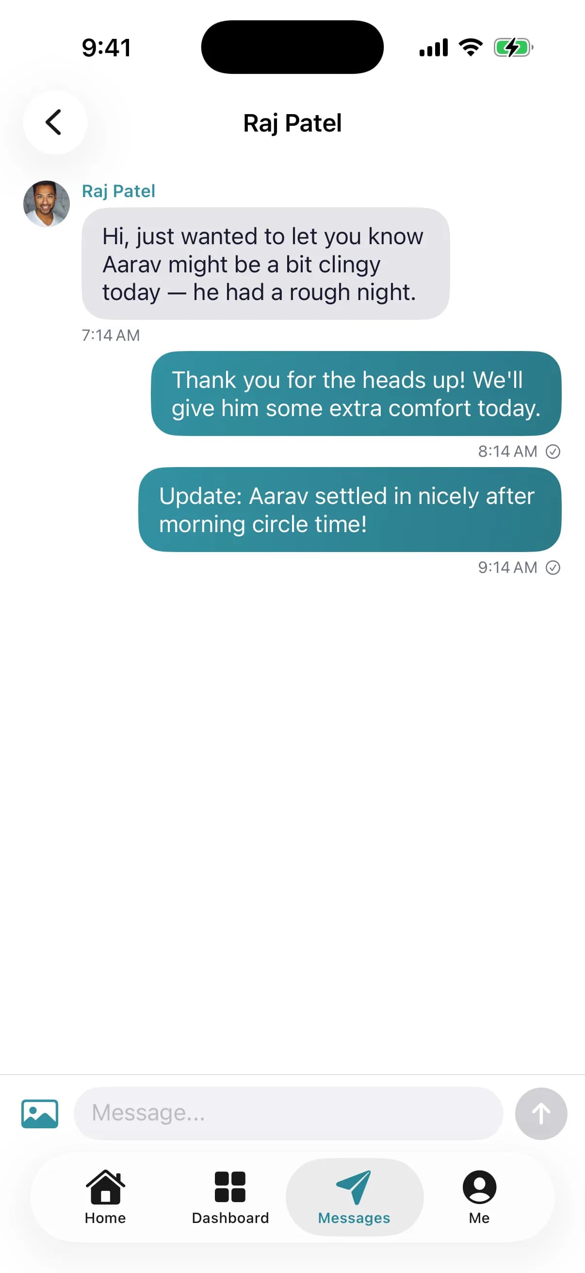 Teacher messaging a parent in the NestliCare daycare app